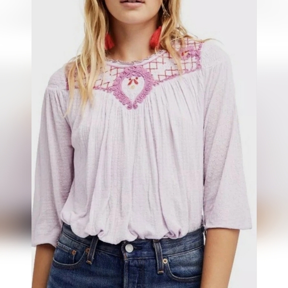 Free People Begonia Embroidered Top Blouse Linen Blend Lilac Boho Size XS - Picture 1 of 7